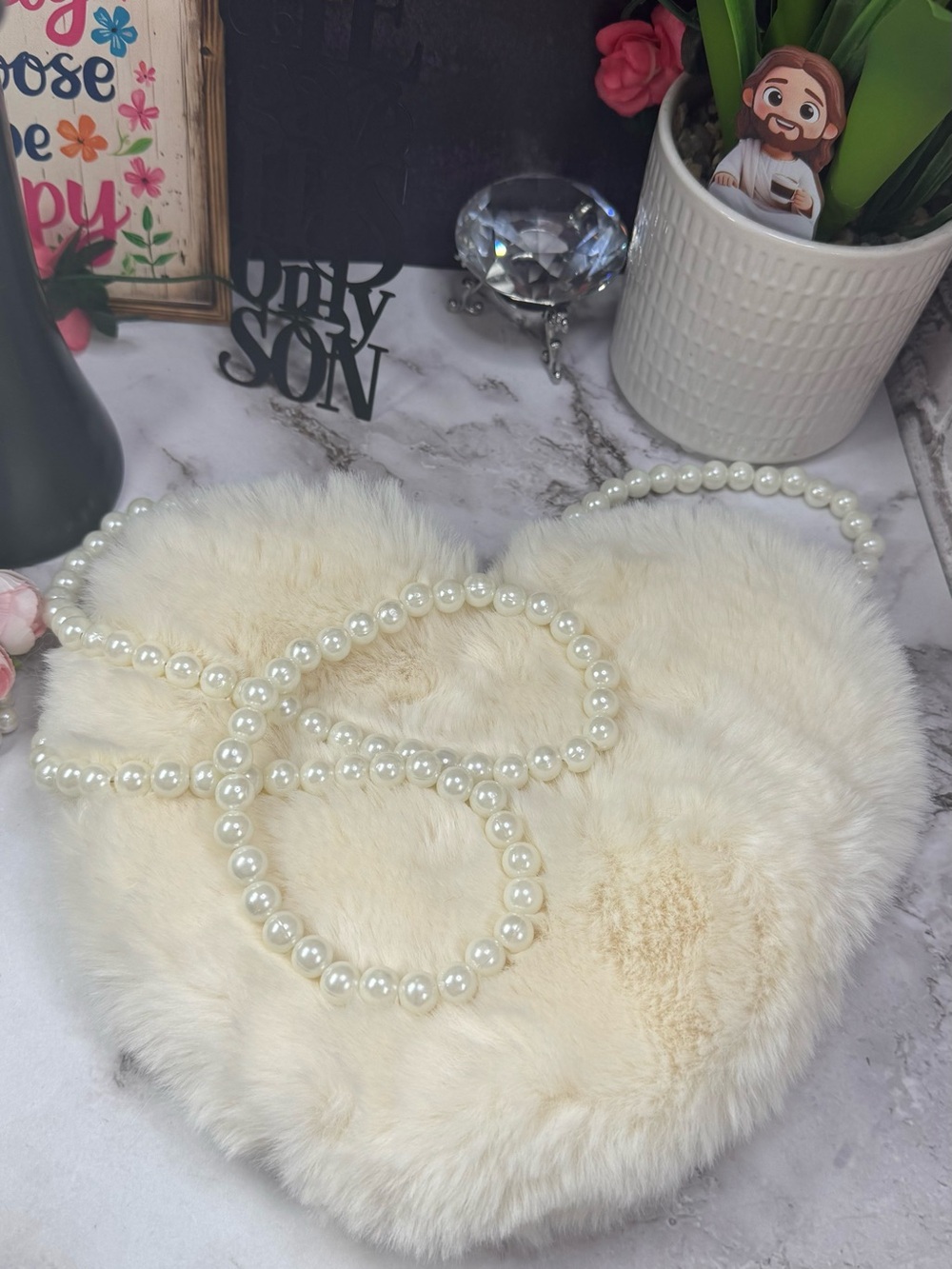 Classic Pearl Bead Heart Shape Furry Purse- Ivory Color